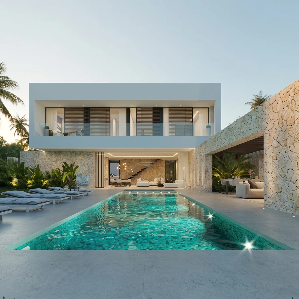 Modern luxury villa with an illuminated turquoise pool and natural stone walls