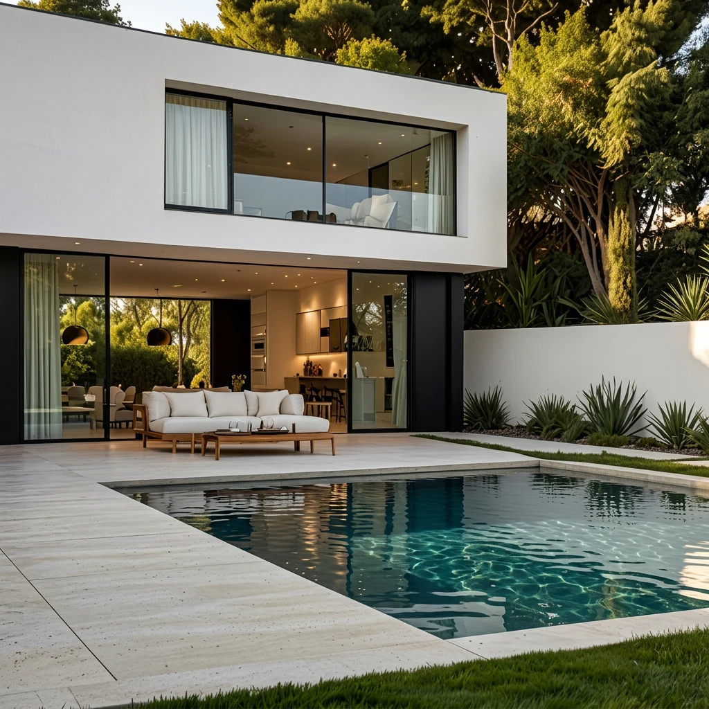 Modern white villa surrounded by trees, with an open living room and a swimming pool